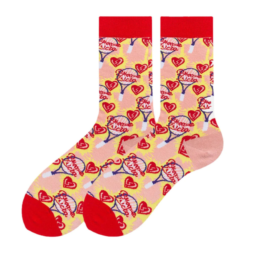 (Red) Unisex Japan Style Creative Illustration Patchwork Color Cute Couple Tube Socks