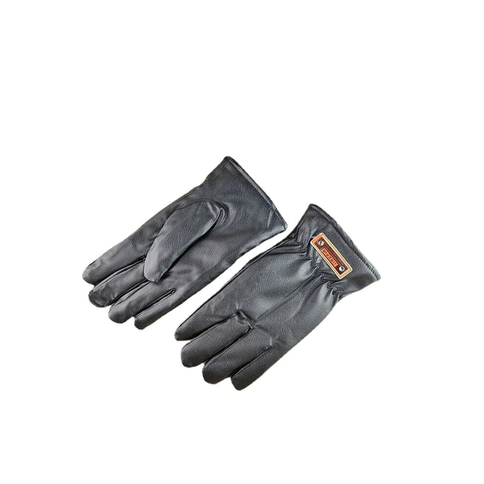 (Brown Logo) Men Faux Leather Waterproof Plus Velvet Screen Touchable Riding Sport Outdoor Full-finger Gloves