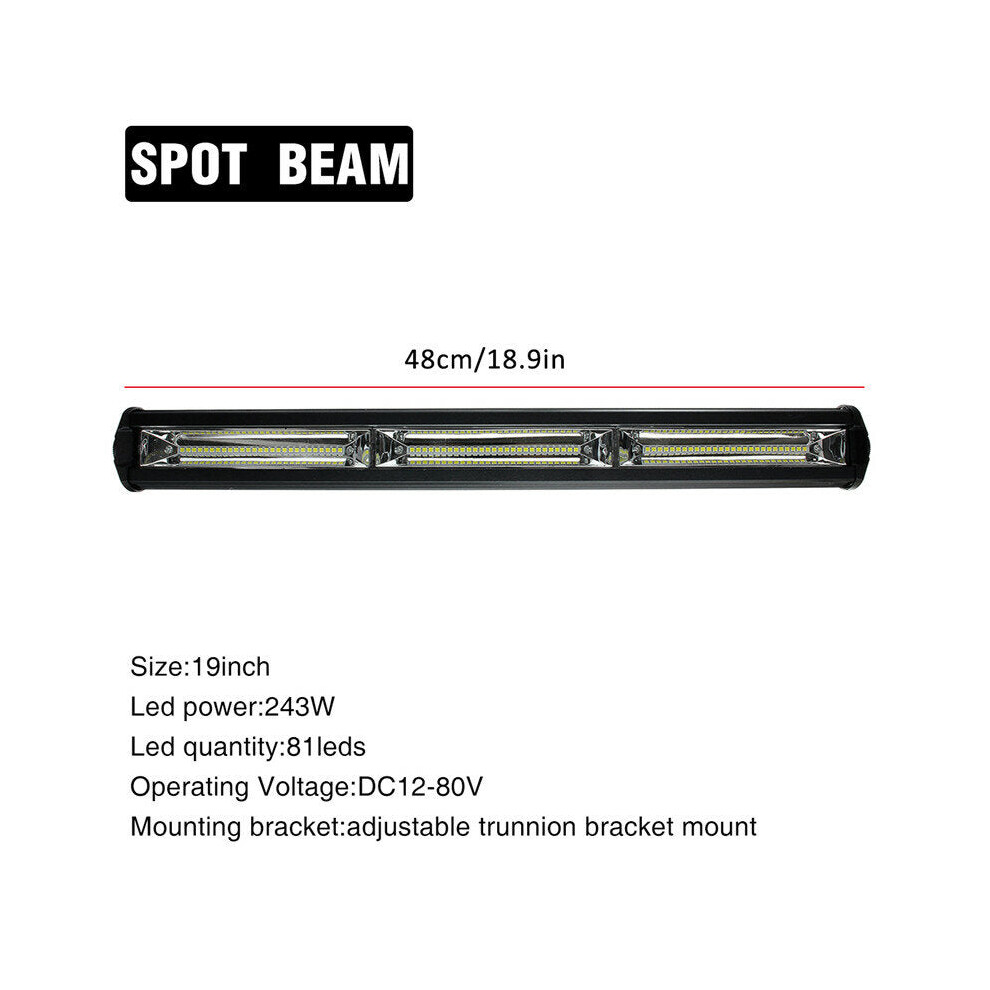 (19 Inch) 12V-80V 7Inch/13Inch/19Inch 4860Lm/8100Lm/14580Lm Slim Single Row Spot Beam LED Work Light Bar Off-Road 81W/162W/243W Waterproof