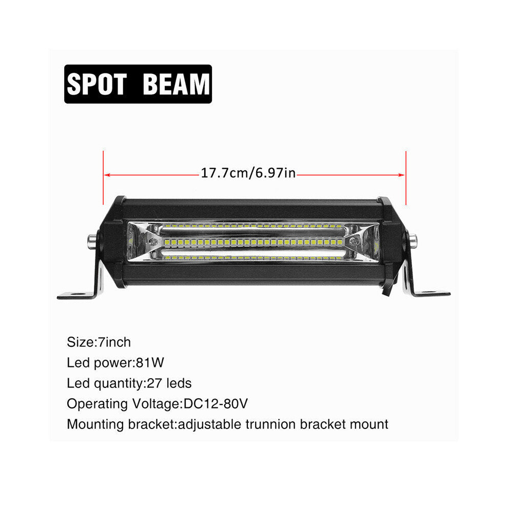 (7 Inch) 12V-80V 7Inch/13Inch/19Inch 4860Lm/8100Lm/14580Lm Slim Single Row Spot Beam LED Work Light Bar Off-Road 81W/162W/243W Waterproof