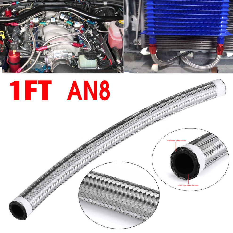 (AN8) 1FT AN4 AN6 AN8 AN10 Fuel Hose Oil Gas Hose Line Pipe Nylon Stainless Steel Braided Silver