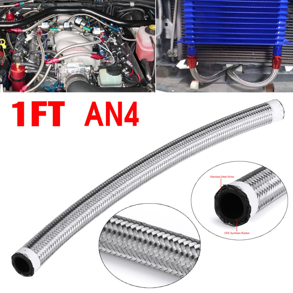 (AN4) 1FT AN4 AN6 AN8 AN10 Fuel Hose Oil Gas Hose Line Pipe Nylon Stainless Steel Braided Silver