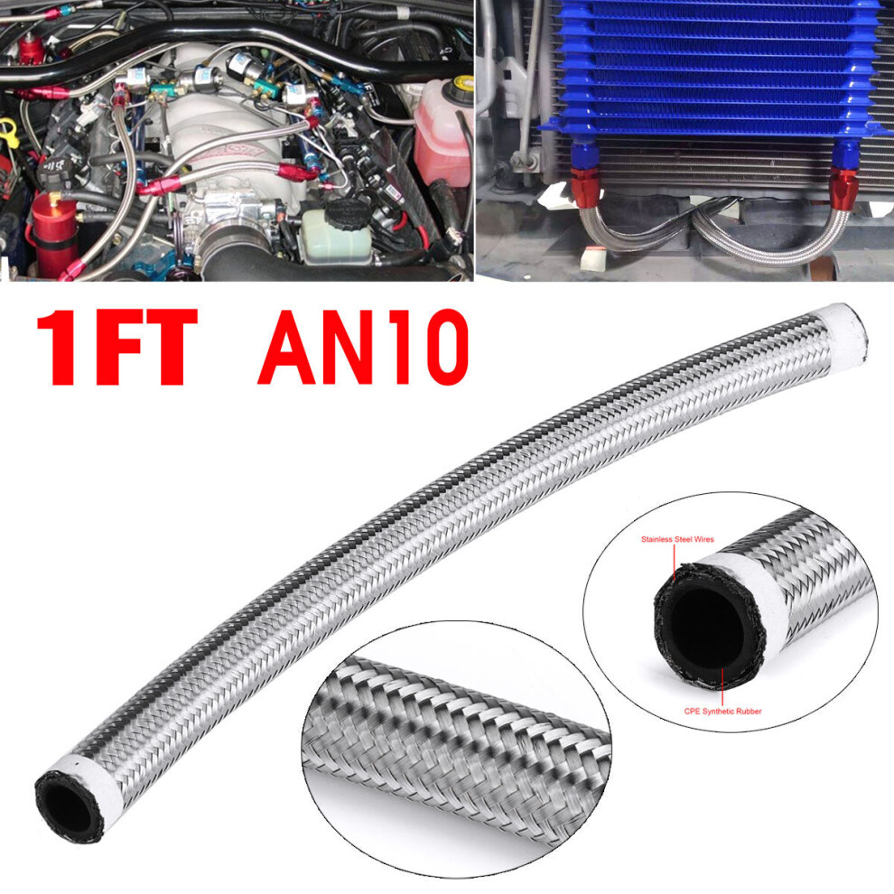 (AN10) 1FT AN4 AN6 AN8 AN10 Fuel Hose Oil Gas Hose Line Pipe Nylon Stainless Steel Braided Silver