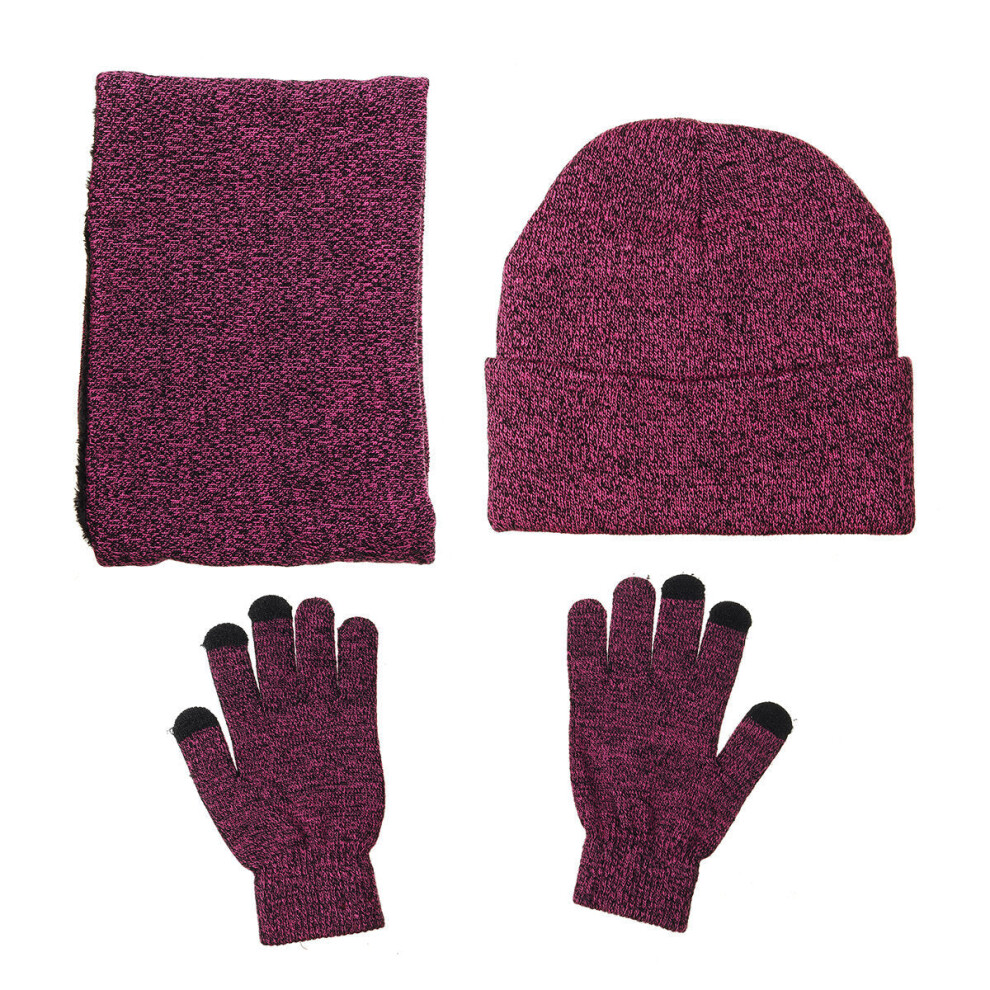 (Rose Red) 3 IN 1 Winter Beanie Hat Knitted Scarf Set Cap+Touch Screen Ski Thick Gloves