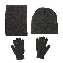 (Cyan Grey) 3 IN 1 Winter Beanie Hat Knitted Scarf Set Cap+Touch Screen Ski Thick Gloves