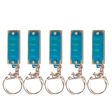(Blue) 5 PCS 4 Hole 8 Tone Mini Harmonica Keychain Key Rings For Toy Gift Musical Instrument