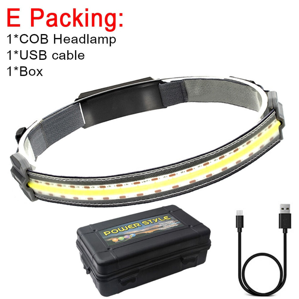 (E Set) COB Led Headlamp Built-in Battery Rechargeable Headlight Head Waterproof Lamp White & Red Lighting for Camping Working