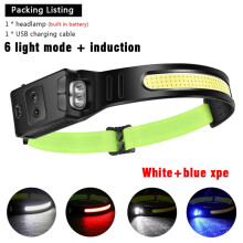 (Blue XPE A Packing) COB LED Induction Riding Headlamp 1200mAh USB Rechargeable Hunting Flashlight Work Light 6 Modes Head Lamp Torch