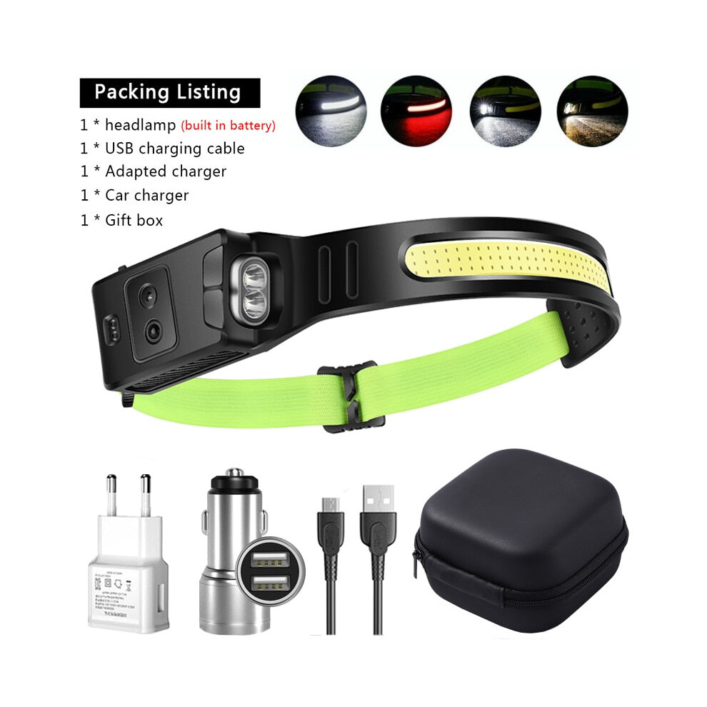 (Yellow XPE C Packing) COB LED Induction Riding Headlamp 1200mAh USB Rechargeable Hunting Flashlight Work Light 6 Modes Head Lamp Torch