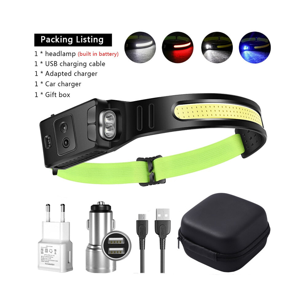 (Blue XPE C Packing) COB LED Induction Riding Headlamp 1200mAh USB Rechargeable Hunting Flashlight Work Light 6 Modes Head Lamp Torch