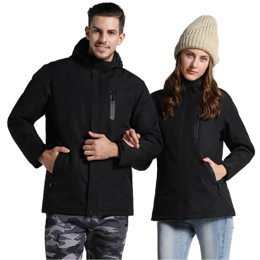 (S, Black-Women) Electric Heated Jackets Constant Temperature USB Heating Clothes Winter Thicken Windproof Warm Hooded Coats