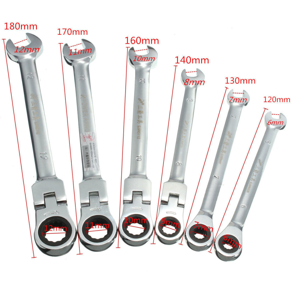 (11Mm) Flexible Pivoting Head Ratchet Combination Spanner Wrench Garage Metric Tool 6 Size 9078193523591