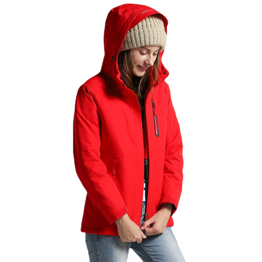 (3XL, Red-Women) Hooded Electric Heated Coat USB Charging Smart Heating Long Sleeve Jackets Winter Thicken Warm Men Women