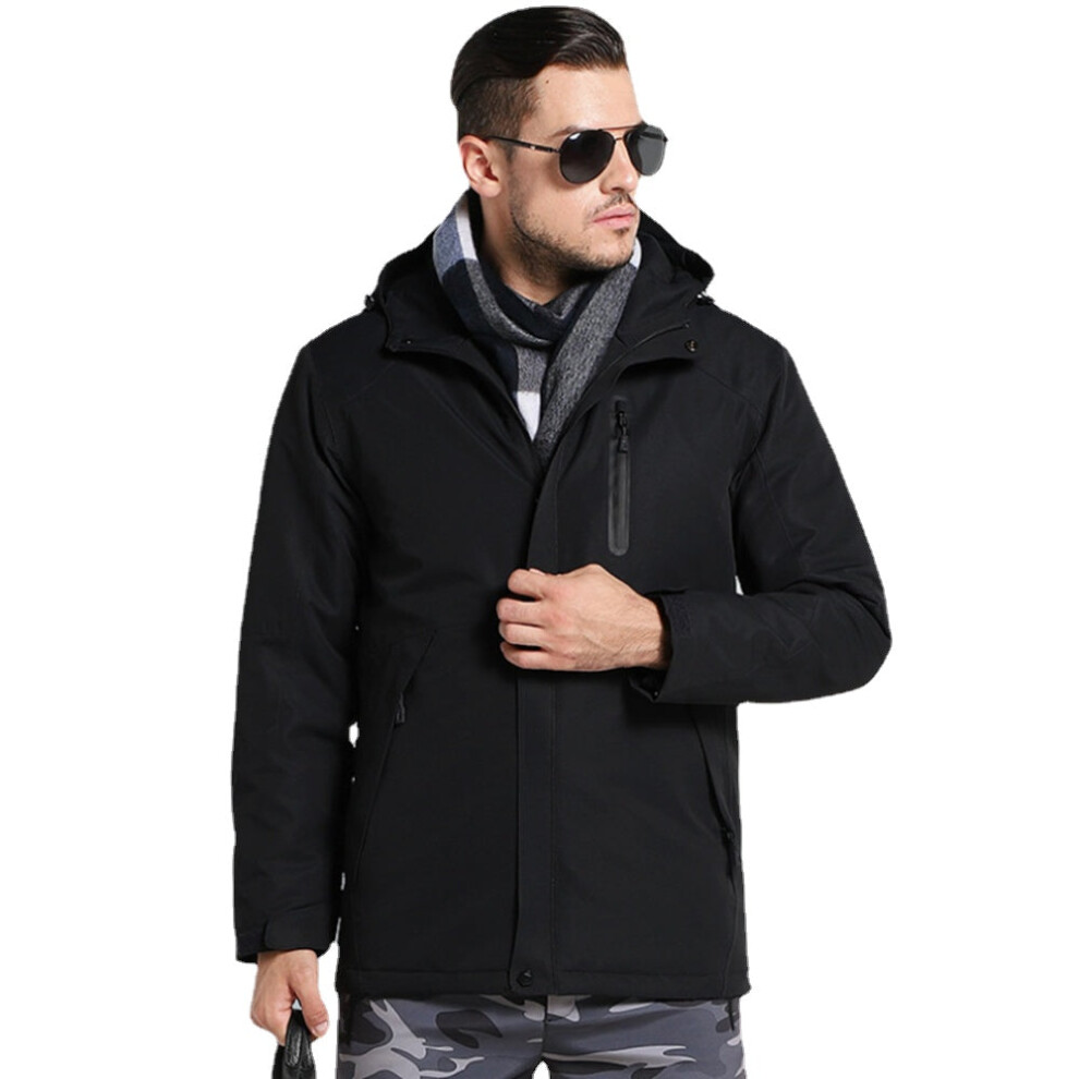 (2XL, Black-Men) Hooded Electric Heated Coat USB Charging Smart Heating Long Sleeve Jackets Winter Thicken Warm Men Women