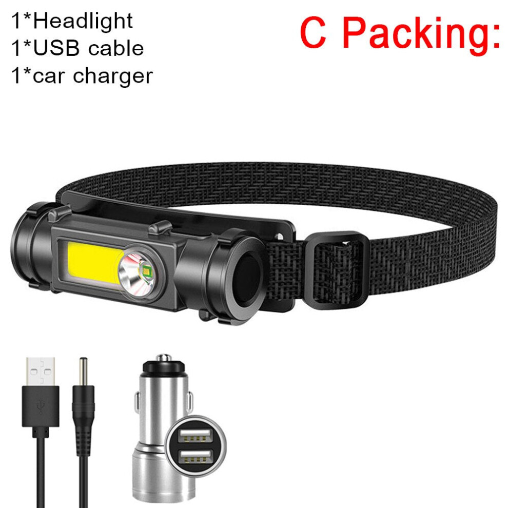 (C Packing) Portable Mini Powerful LED Headlamp XPE+COB USB Rechargeable Headlight Built-in Battery Waterproof Head Torch Head Lamp