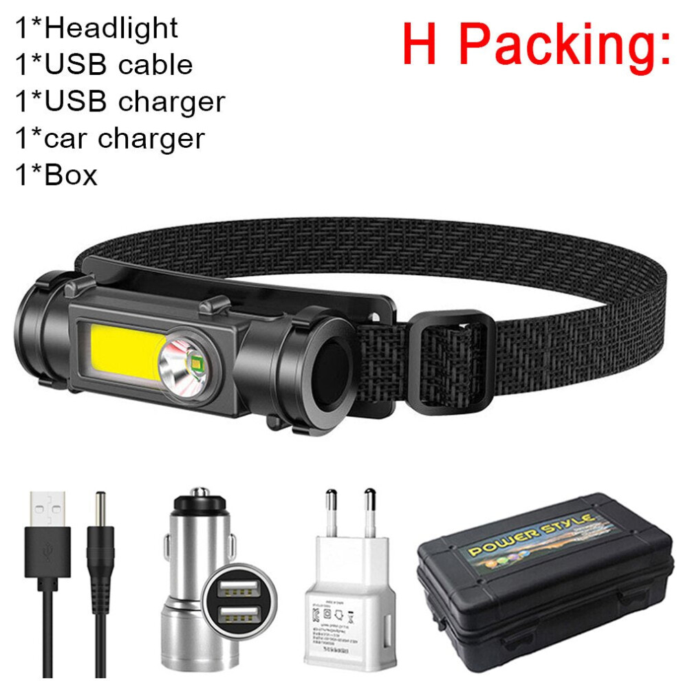 (H Packing) Portable Mini Powerful LED Headlamp XPE+COB USB Rechargeable Headlight Built-in Battery Waterproof Head Torch Head Lamp