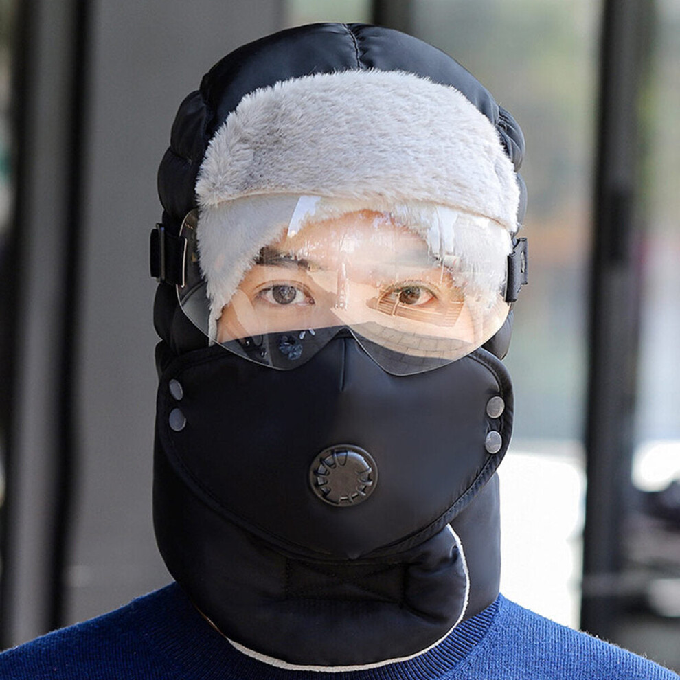 (Black) Winter Men Original Design Warm Hat Women Waterproof Hood Hat With Windproof Glasses Face Mask Ear Muffers