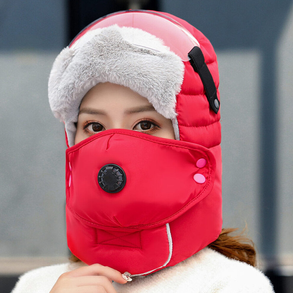 (Red) Winter Men Original Design Warm Hat Women Waterproof Hood Hat With Windproof Glasses Face Mask Ear Muffers