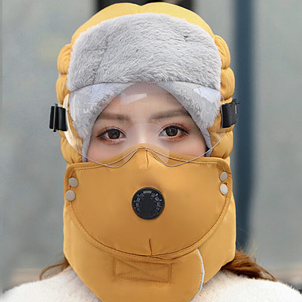 (Yellow) Winter Men Original Design Warm Hat Women Waterproof Hood Hat With Windproof Glasses Face Mask Ear Muffers