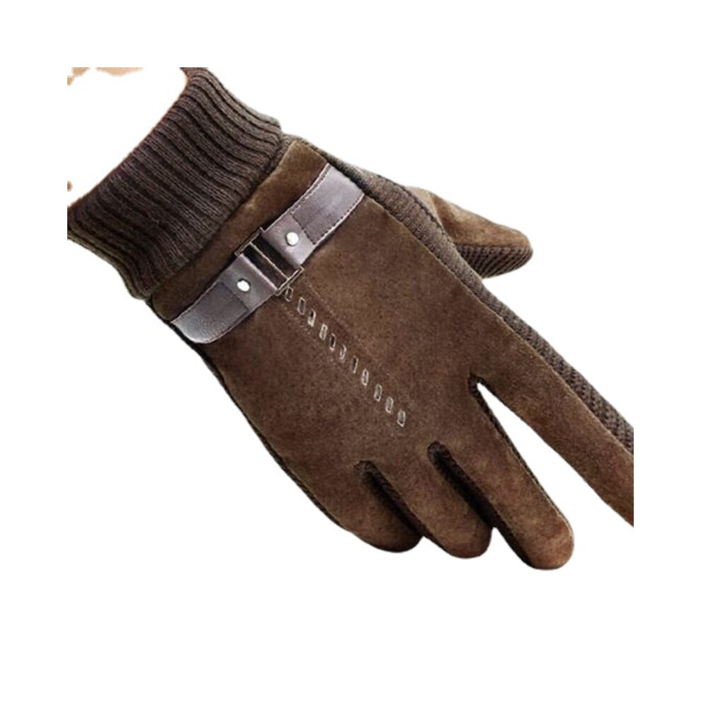 (Coffee) Thickening Warm Leather Gloves Touch Screen For Motorcycle Cycling Skiing Skateboard Men