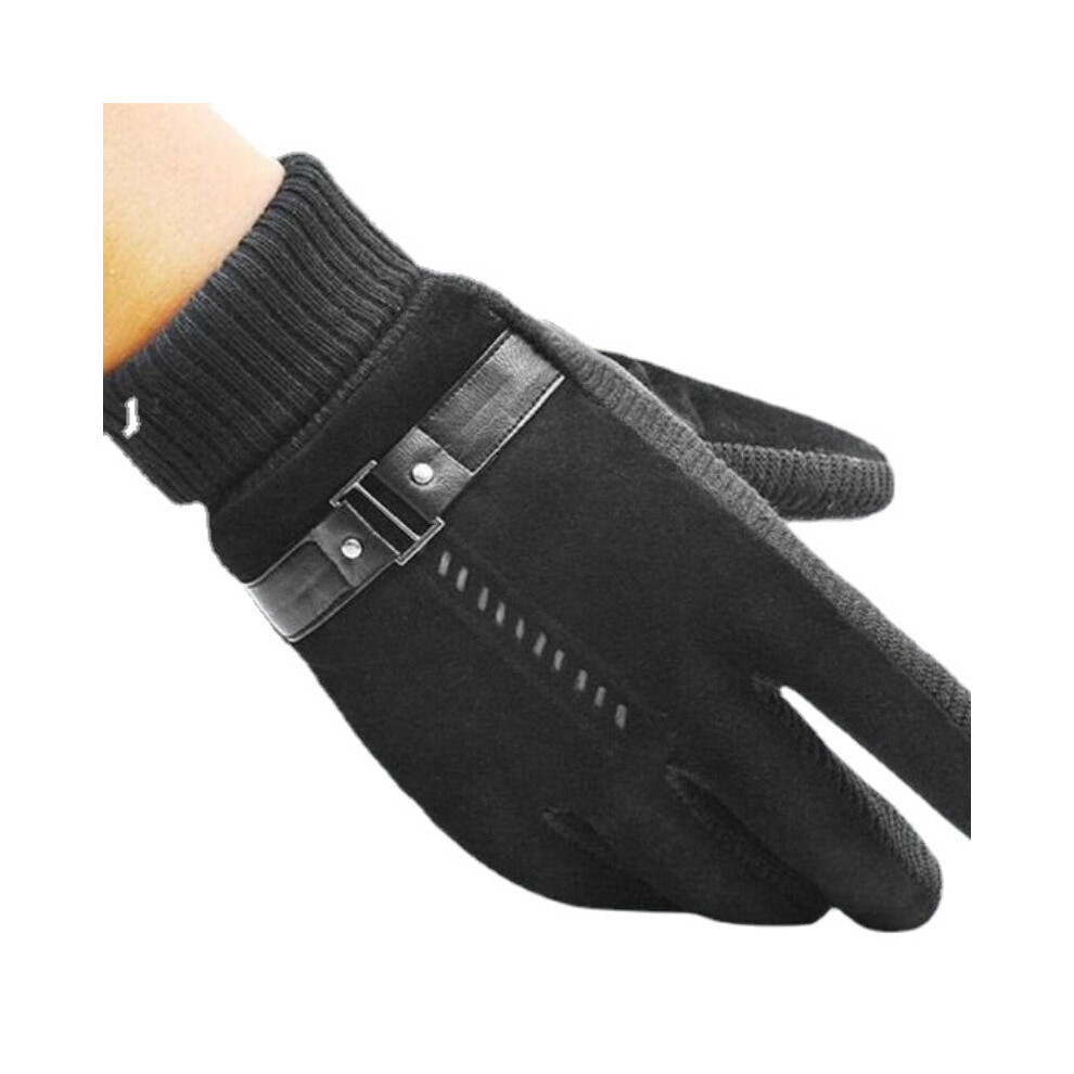 (Black) Thickening Warm Leather Gloves Touch Screen For Motorcycle Cycling Skiing Skateboard Men