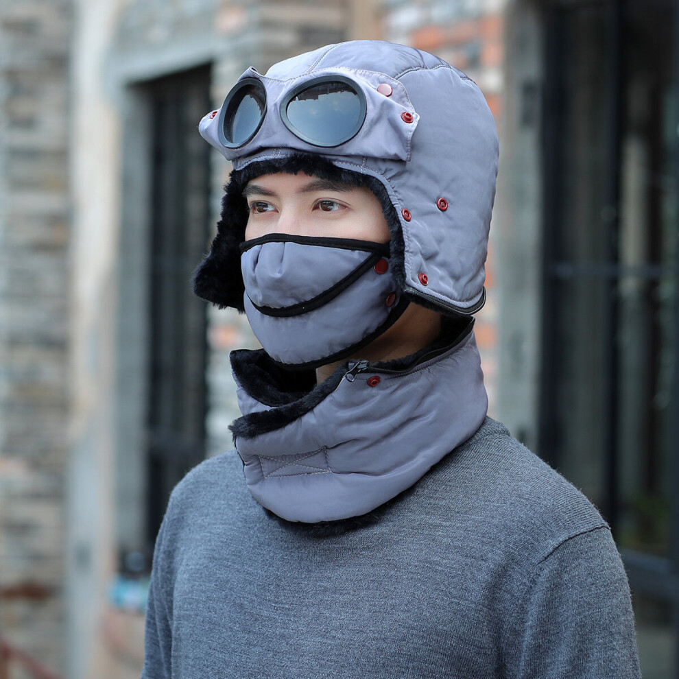 (Grey) Winter Bomber Hats With Face Mask Plush Earflap with Goggles Warmer Windproof Thicken