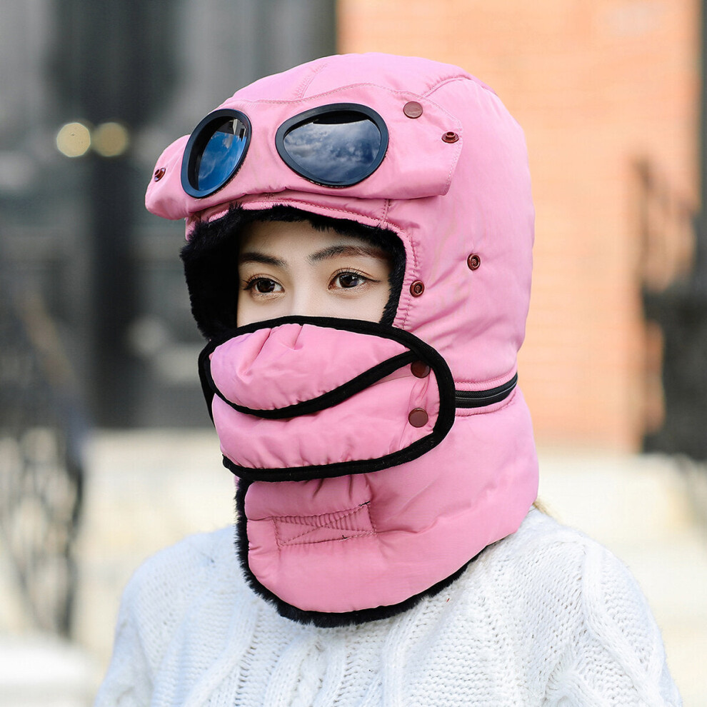 (Pink) Winter Bomber Hats With Face Mask Plush Earflap with Goggles Warmer Windproof Thicken