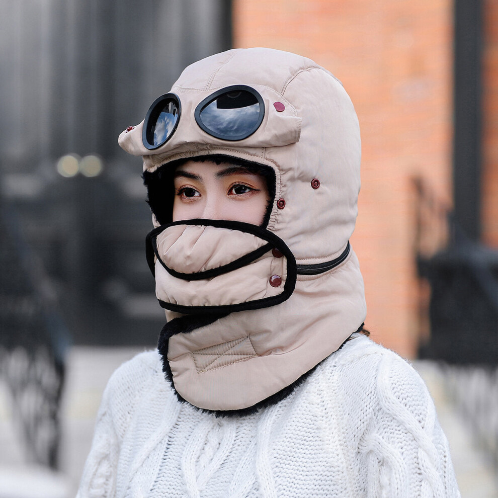 (Beige) Winter Bomber Hats With Face Mask Plush Earflap with Goggles Warmer Windproof Thicken