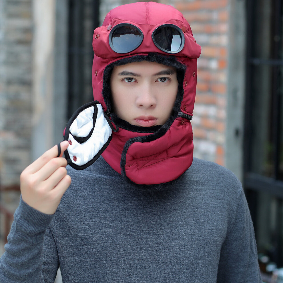 (Wine Red) Winter Bomber Hats With Face Mask Plush Earflap with Goggles Warmer Windproof Thicken