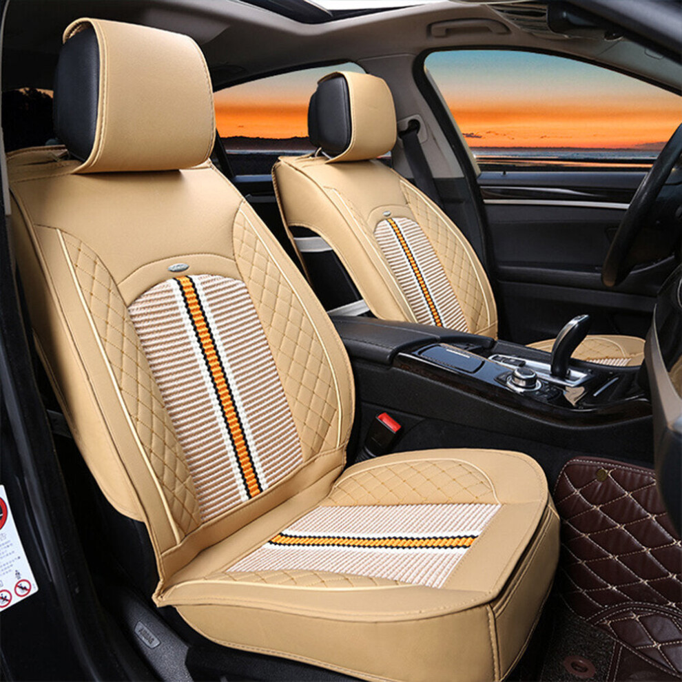 (Beige) 1Pc Deluxe Pu Leather Auto Car Seat Cover Full Front Cushion Universal Beige 1138392343616