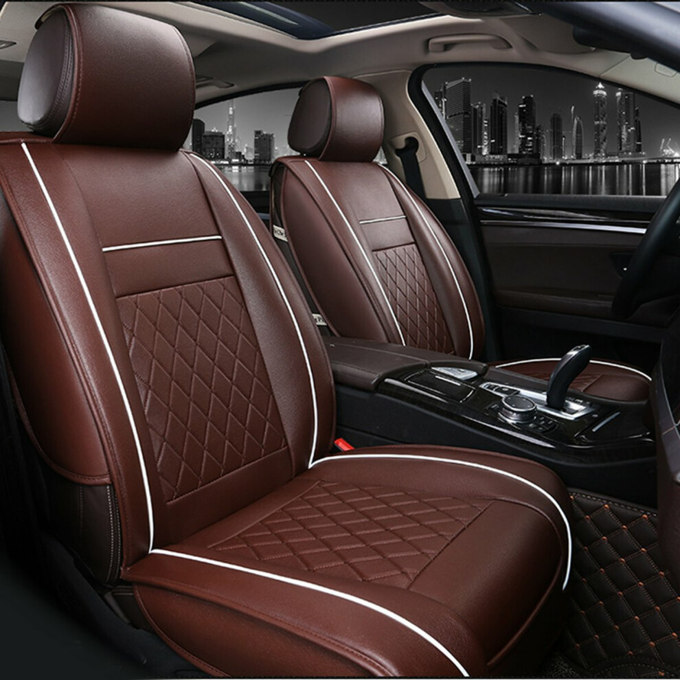 (Coffee) 1psc PU Leather Car Full Surround Seat Cover Cushion Protector Set Universal for 5 Seats Car