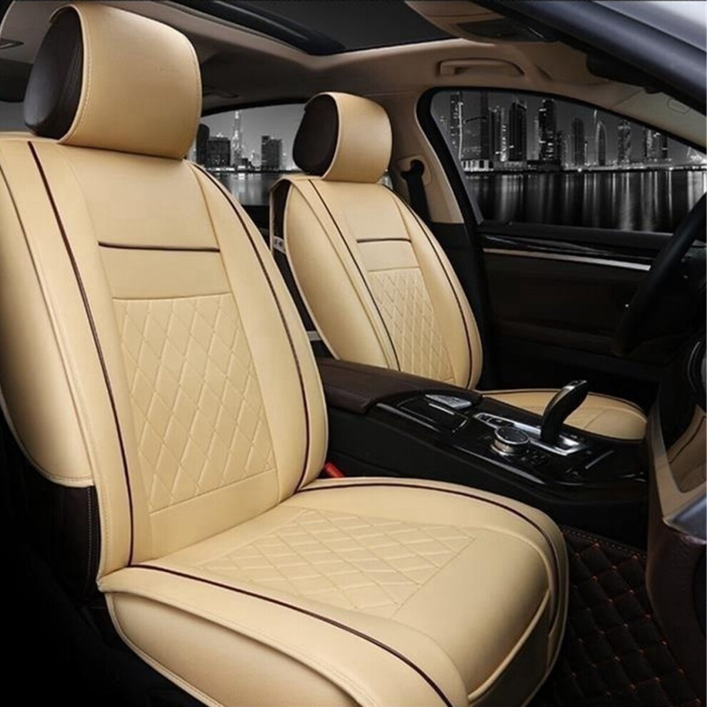 (Beige) 1psc PU Leather Car Full Surround Seat Cover Cushion Protector Set Universal for 5 Seats Car