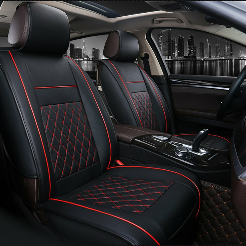 (Black & Red) 1psc PU Leather Car Full Surround Seat Cover Cushion Protector Set Universal for 5 Seats Car