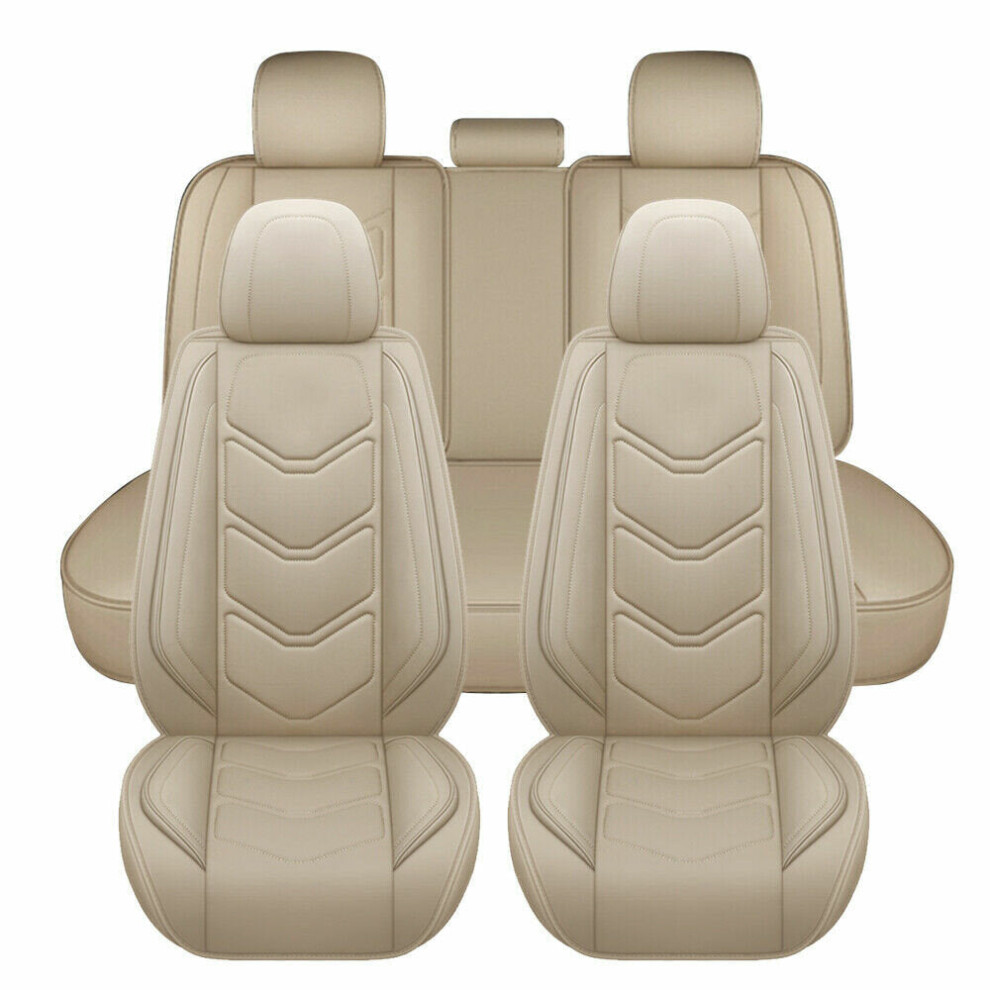 (Beige) 1/5 Pcs Seats Universal Car Seat Cover 3D Full Set PU Leather Front Rear Protector