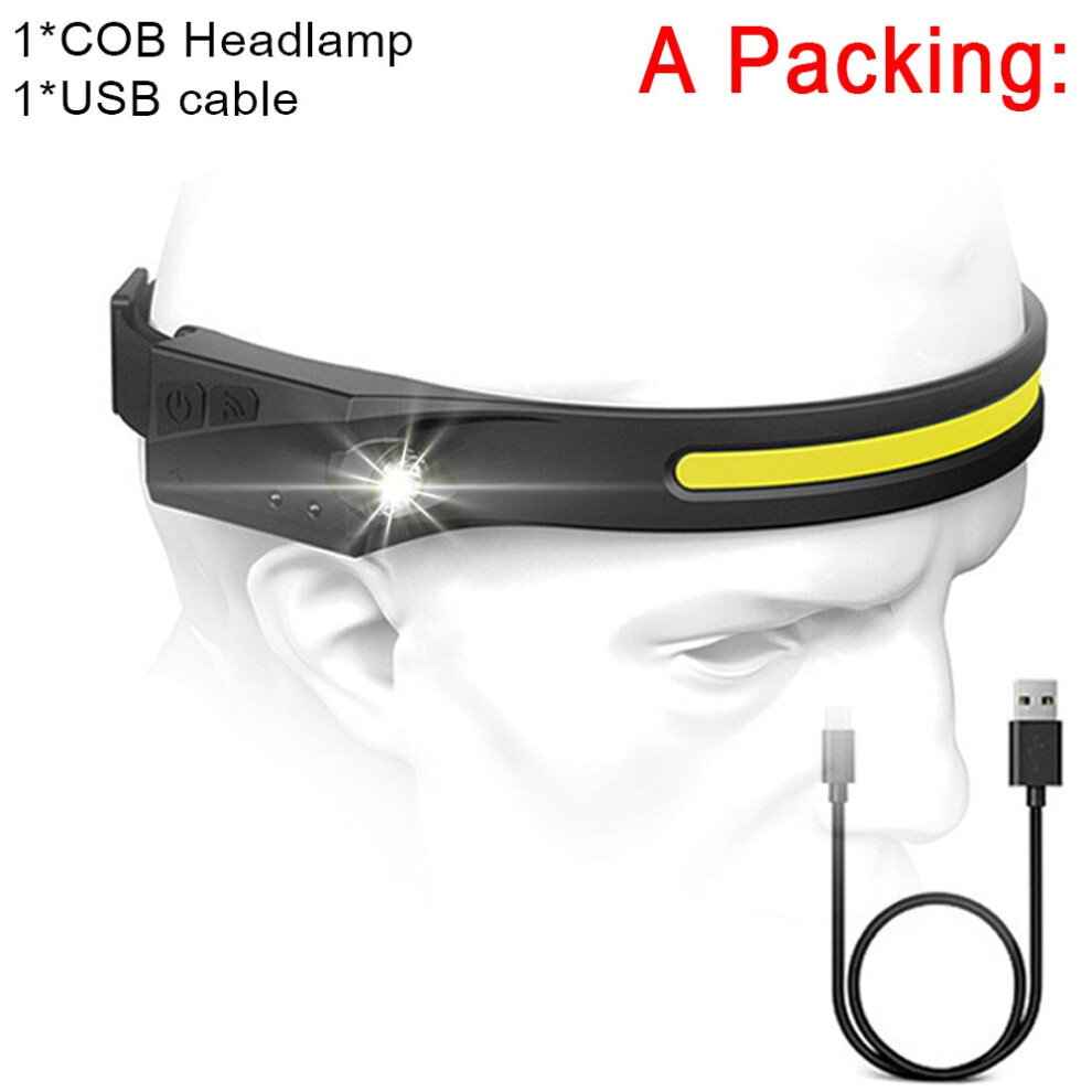 (Package A, US) COB LED Headlamp Sensor Headlight with Built-in Battery Flashlight USB Rechargeable Head Lamp Torch 5 Lighting Modes Work Light