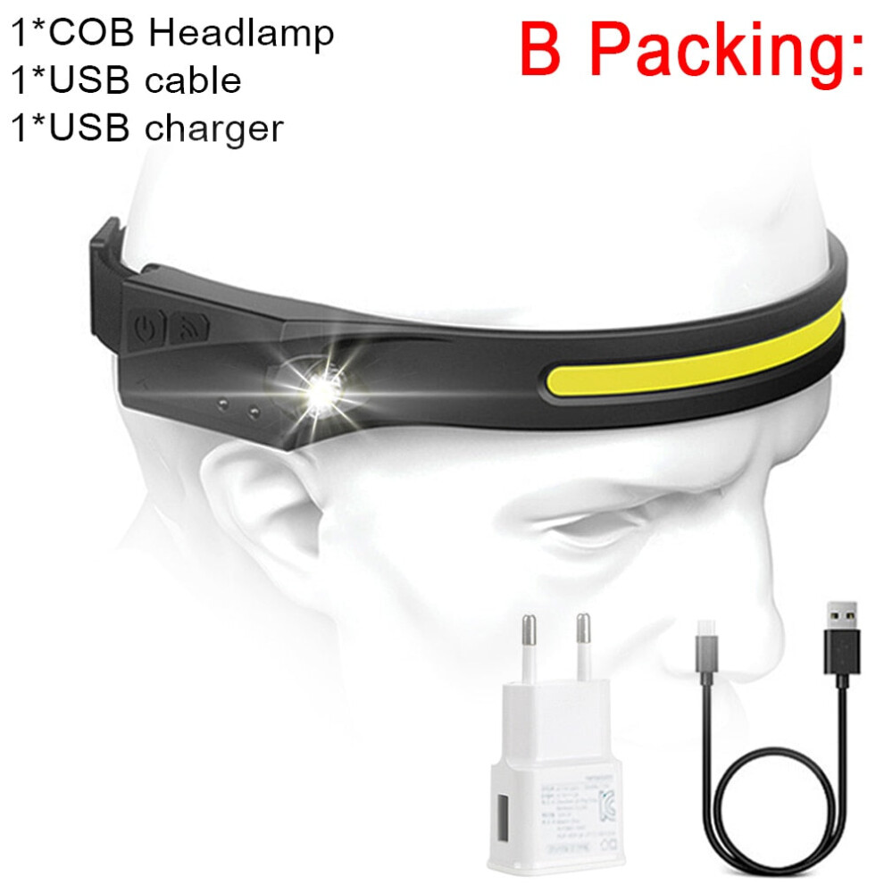 (Package B, US) COB LED Headlamp Sensor Headlight with Built-in Battery Flashlight USB Rechargeable Head Lamp Torch 5 Lighting Modes Work Light