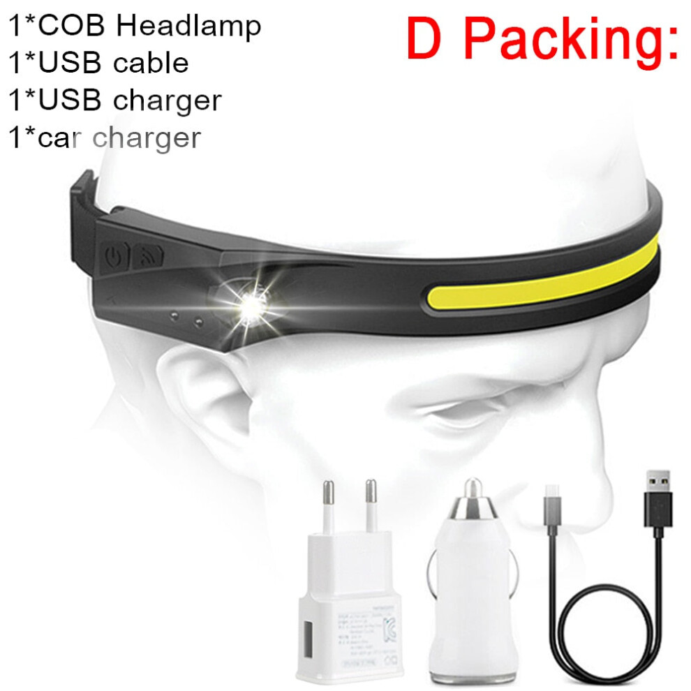 (Package D, US) COB LED Headlamp Sensor Headlight with Built-in Battery Flashlight USB Rechargeable Head Lamp Torch 5 Lighting Modes Work Light