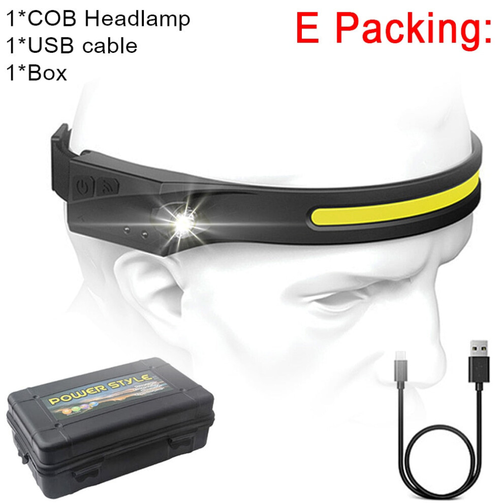 (Package E, US) COB LED Headlamp Sensor Headlight with Built-in Battery Flashlight USB Rechargeable Head Lamp Torch 5 Lighting Modes Work Light