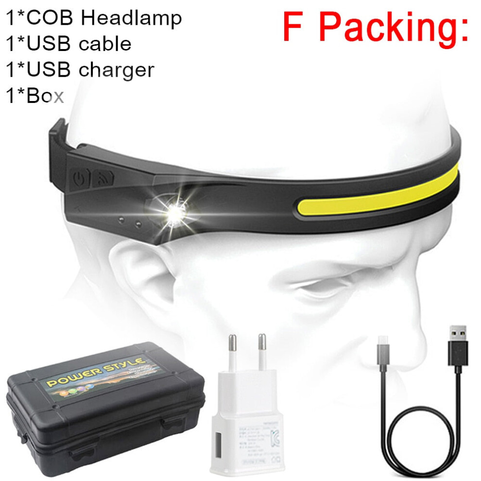 (Package F, US) COB LED Headlamp Sensor Headlight with Built-in Battery Flashlight USB Rechargeable Head Lamp Torch 5 Lighting Modes Work Light