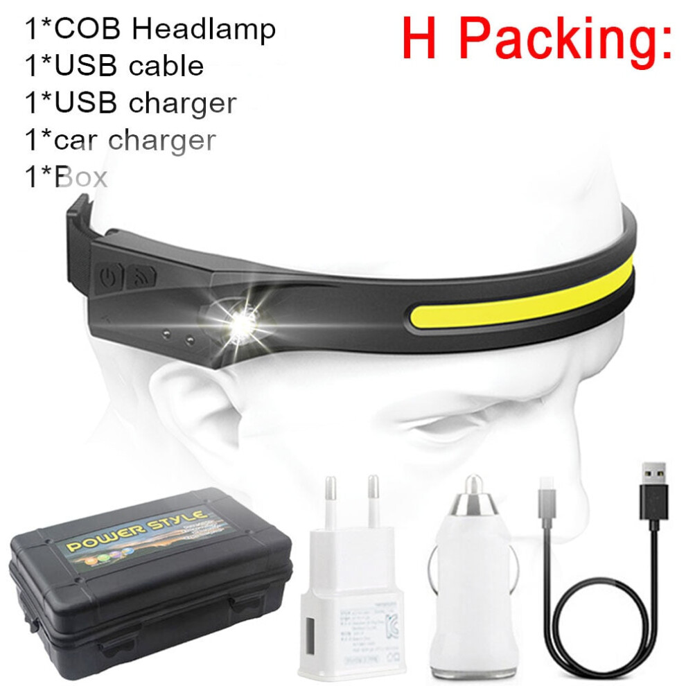 (Package H, US) COB LED Headlamp Sensor Headlight with Built-in Battery Flashlight USB Rechargeable Head Lamp Torch 5 Lighting Modes Work Light