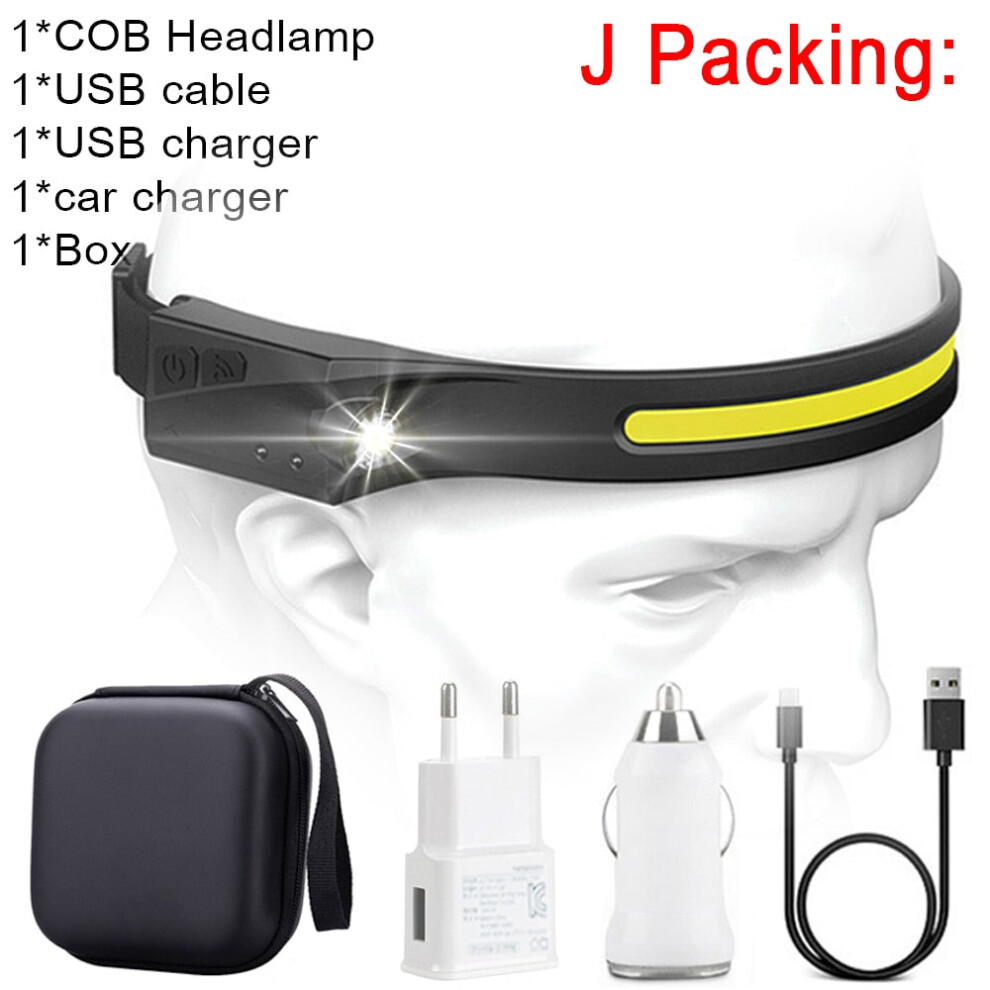 (Package J, US) COB LED Headlamp Sensor Headlight with Built-in Battery Flashlight USB Rechargeable Head Lamp Torch 5 Lighting Modes Work Light