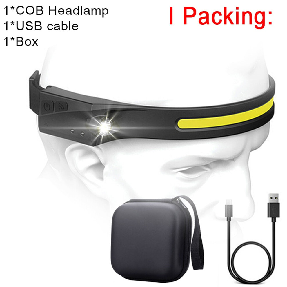 (Package I, US) COB LED Headlamp Sensor Headlight with Built-in Battery Flashlight USB Rechargeable Head Lamp Torch 5 Lighting Modes Work Light