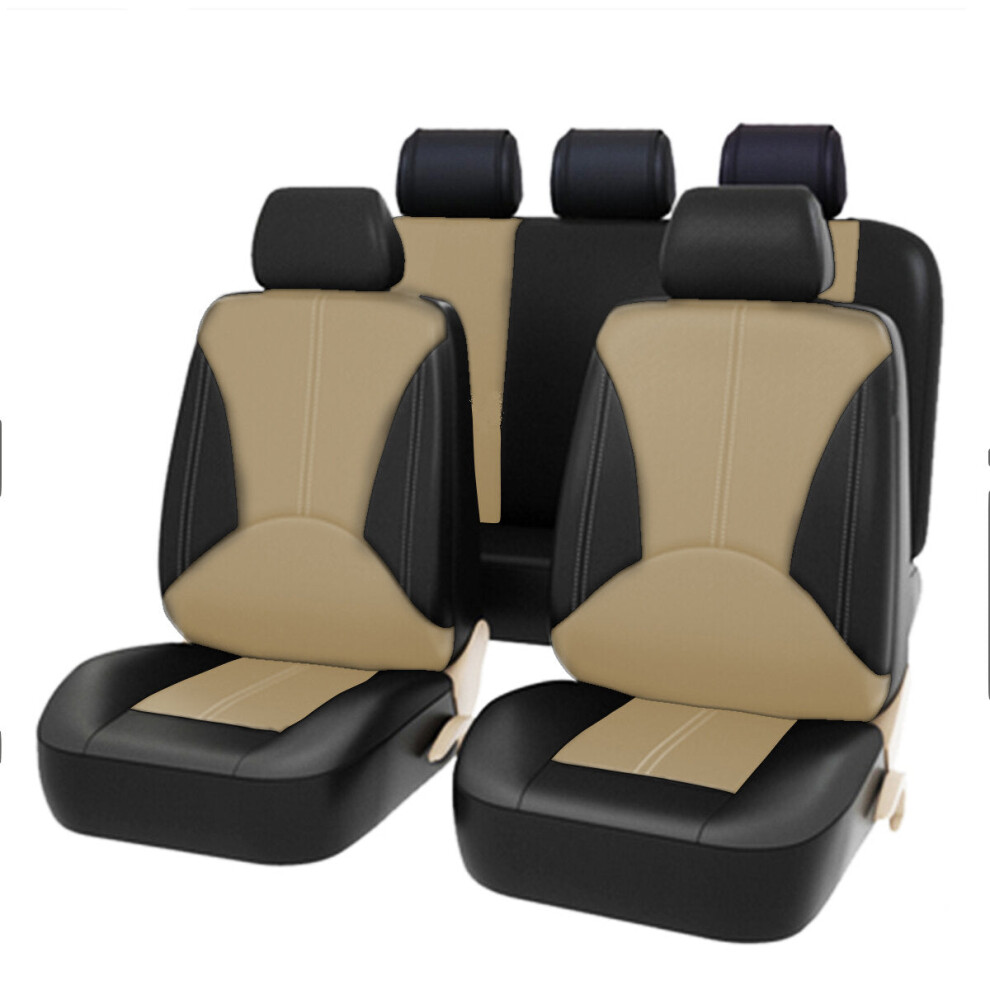 (Beige) Bucket Seat Cover Set Front Rear Universal for Car Sedan Truck SUV PU Leather