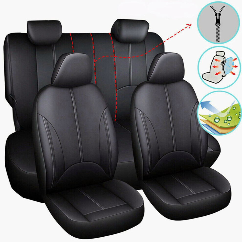 9Pcs Car Seat Cover Full Set Front Rear Cushion Protector Pu Leather Universal Black 1138392337578