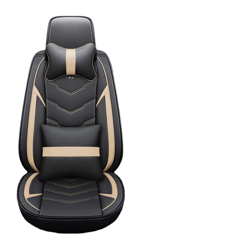 (Black & Beige) Breathable PU Leather Car Seat Protector Full Front&Rear Seat Cover Universal