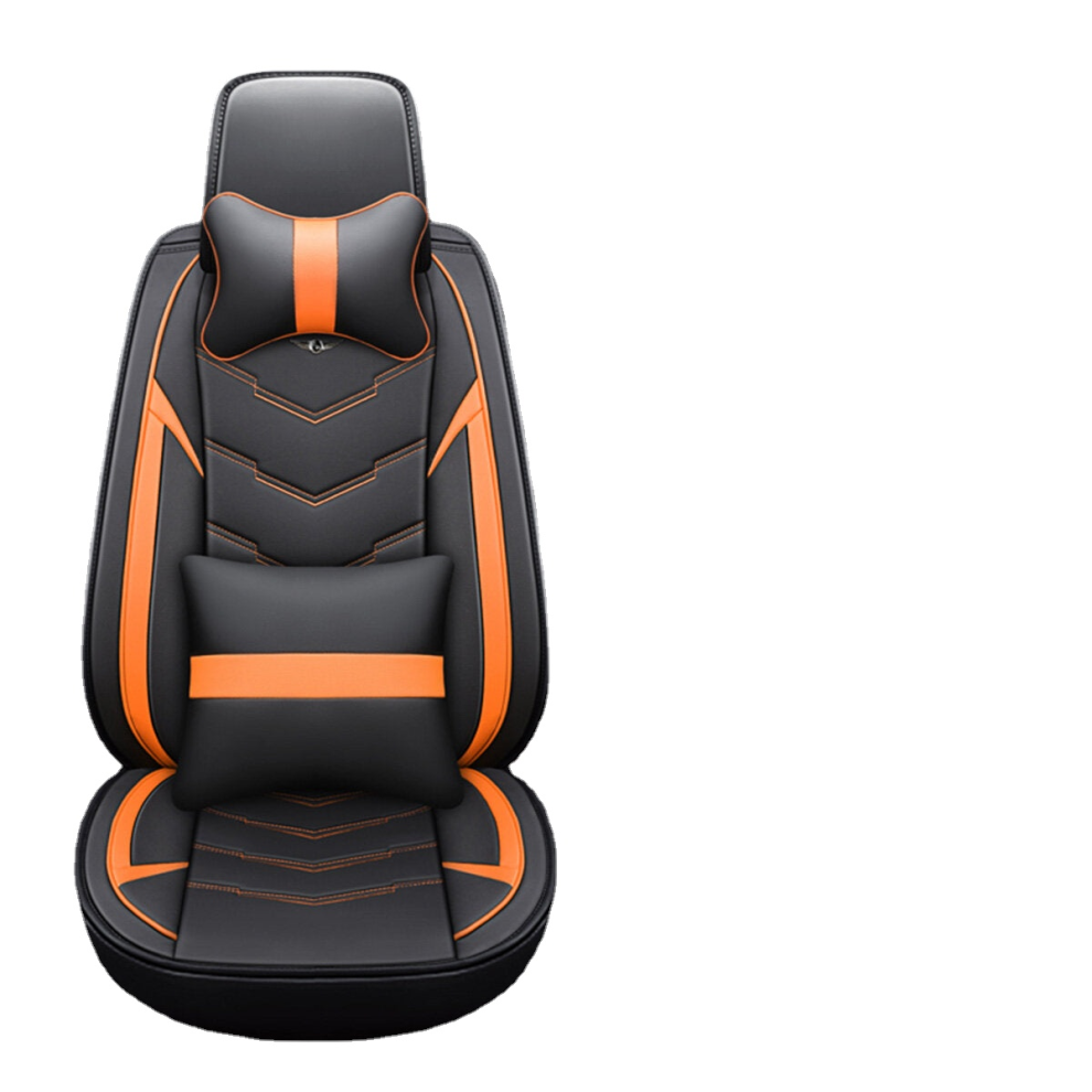 (Black & Orange) Breathable PU Leather Car Seat Protector Full Front&Rear Seat Cover Universal