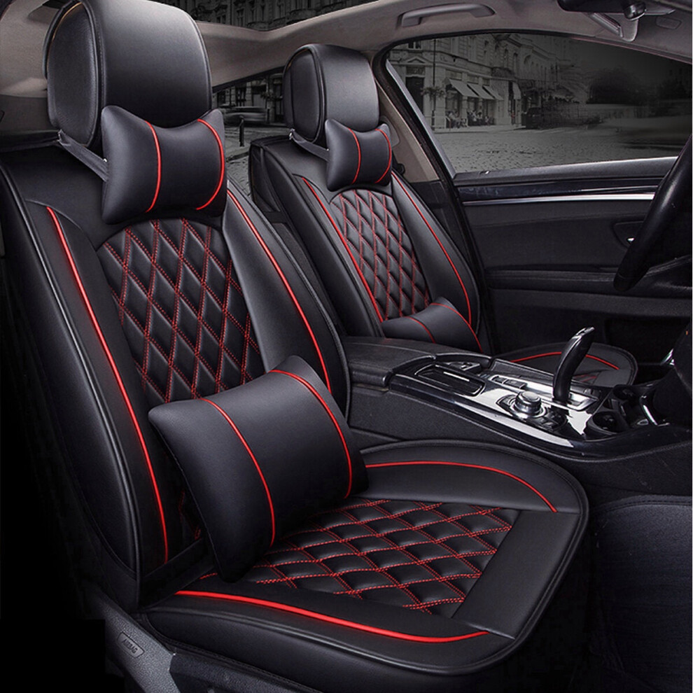 () Deluxe Universal 5 Seats Car Seat Cover Pu Leather Front + Rear Cushion With Pillow Black/Red 1138392345559
