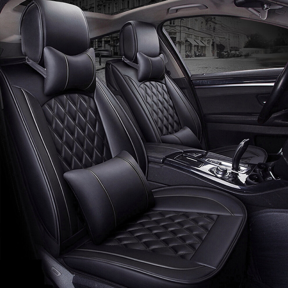 (Black) Deluxe Universal 5 Seats Car Seat Cover Pu Leather Front + Rear Cushion With Pillow Black 1138392345542