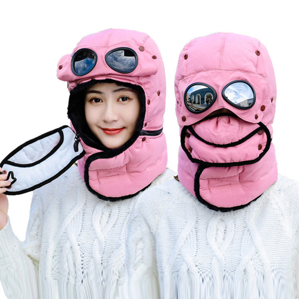 (Pink) Men Women Thermal Winter Trapper Hat Face Mask Earflap Warmer Outdoor Warm Windproof Skiing Cap