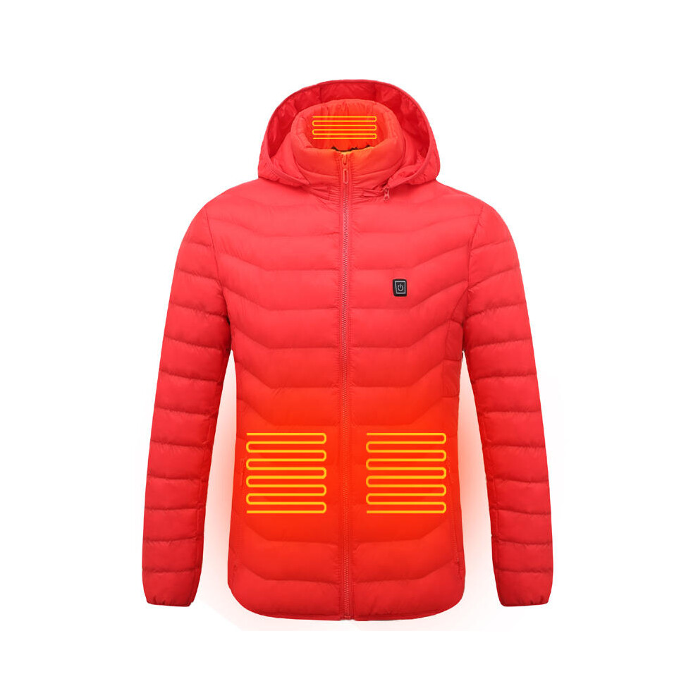 (Red, M) Electric USB Intelligent Heated Warm Back Abdomen Neck Cervical Spine Hooded Winter Jacket Motorcycle Skiing Riding Coats